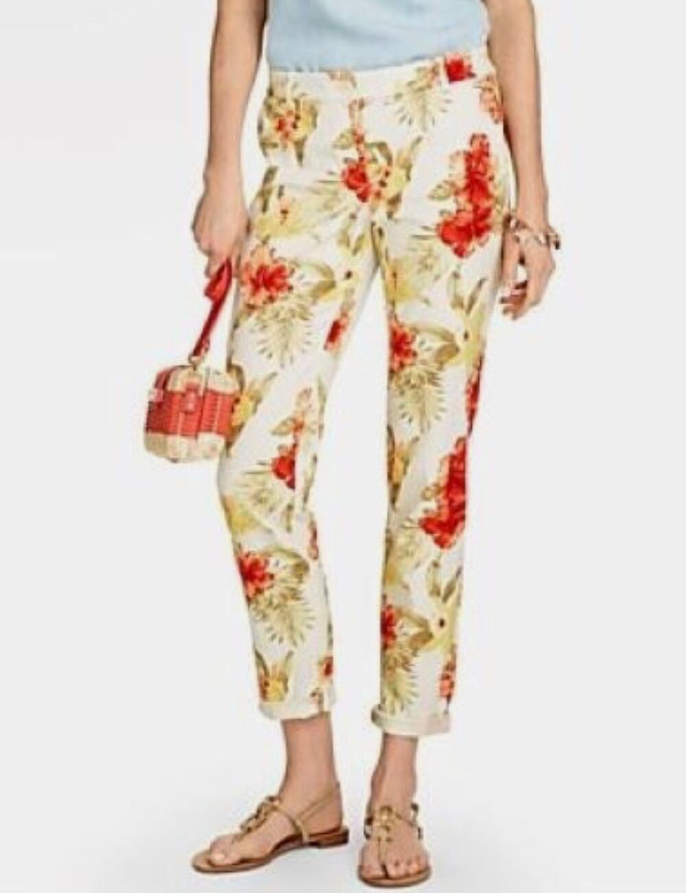 Talbots The Weekend Chino Red Yellow Hibiscus Flowers Floral Print Crop Pant 10P